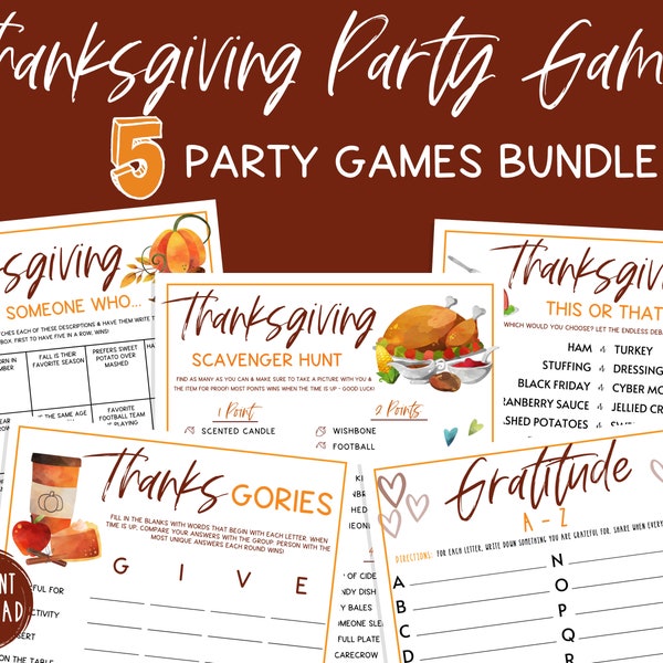 Thanksgiving Party Game BUNDLE | 5 Thanksgiving Printable Games | Thanksgiving Day Game PACK | Thanksgiving Games | Friendsgiving Games