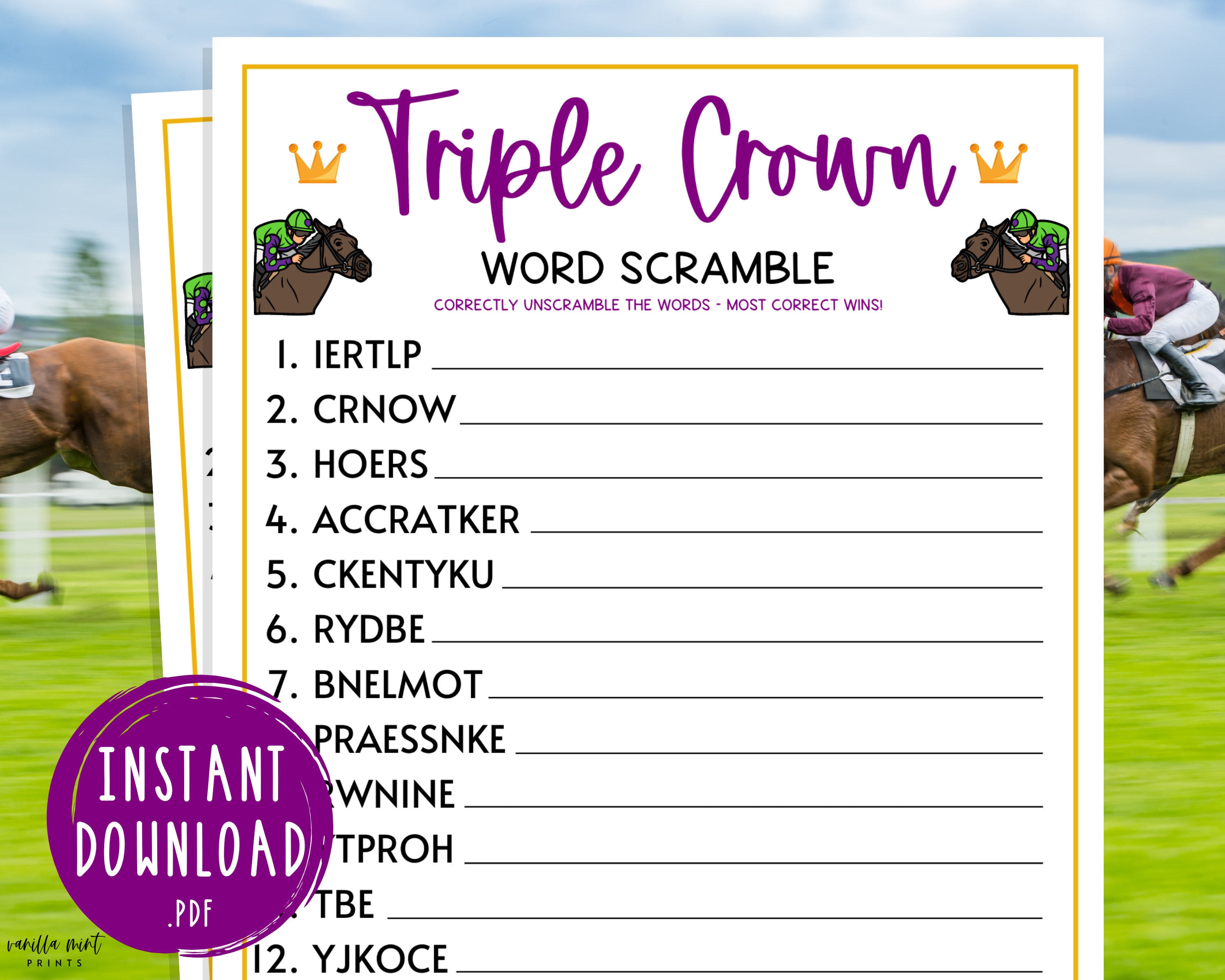 Triple Crown Word Scramble Game Triple Crown Horse Race - Etsy