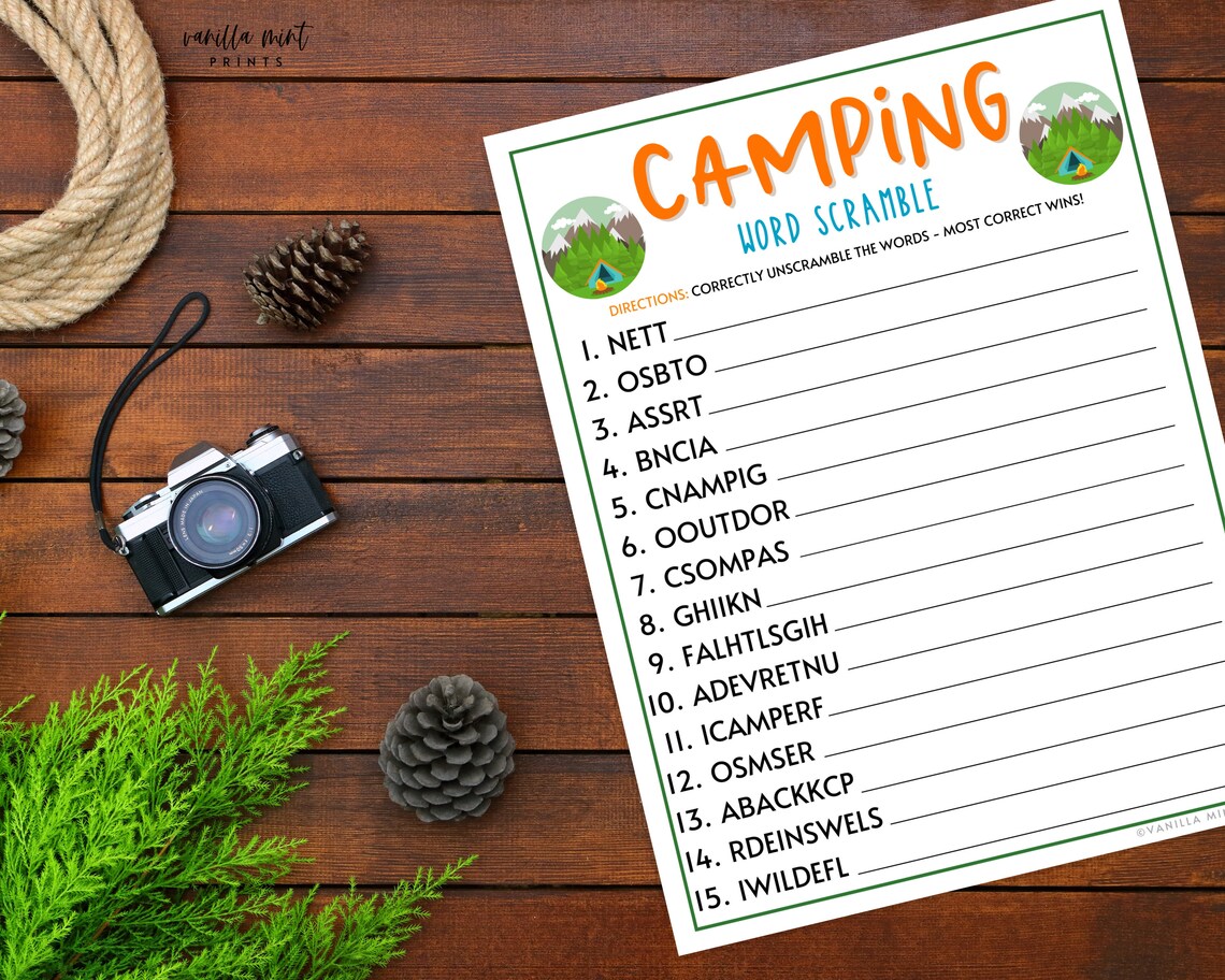 Camping Word Scramble Word Game Printable Campground Party Etsy