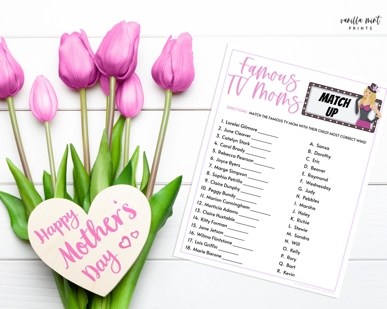 Famous TV Moms Match up Trivia Game Mothers Day Games Etsy