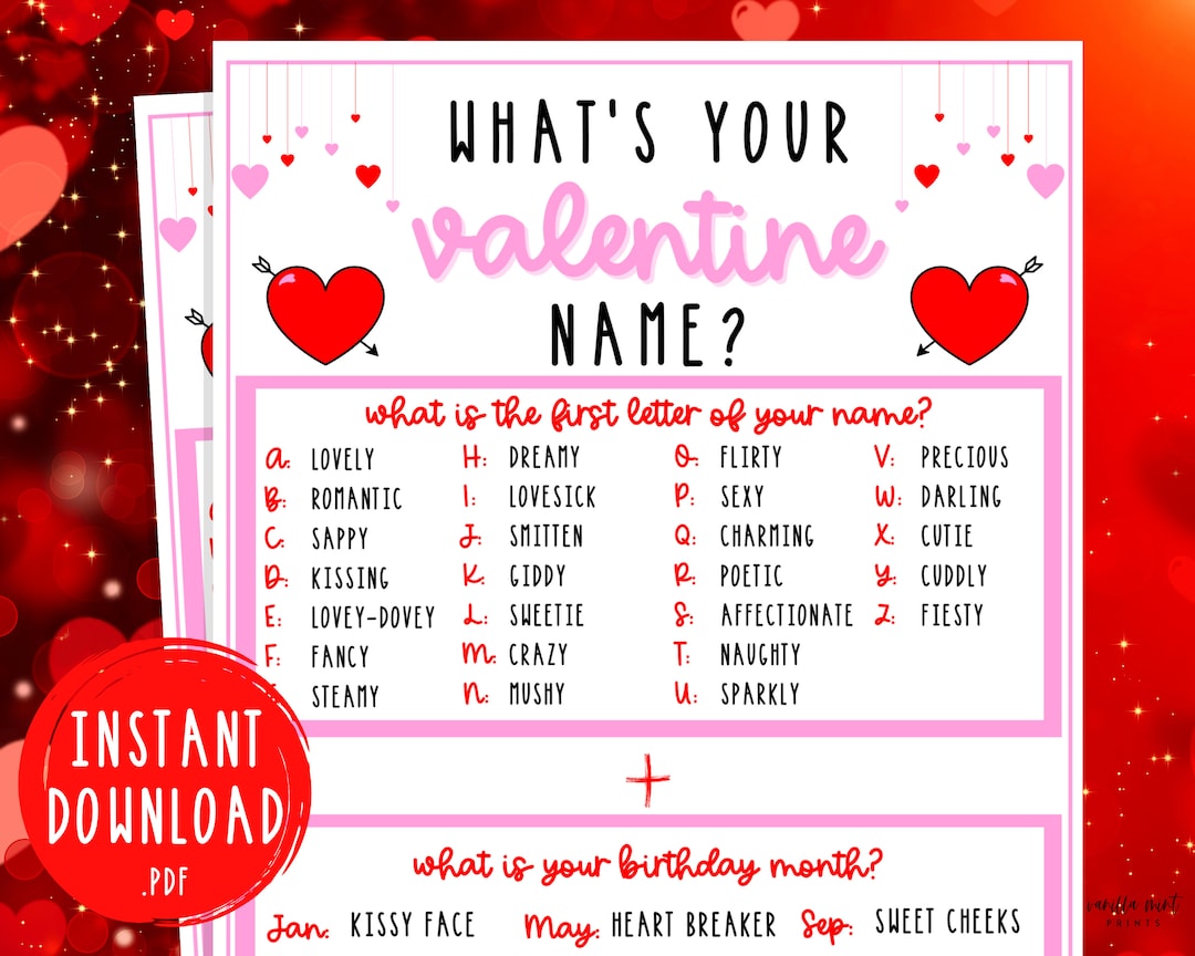 What's Your Valentine Name Game Valentine's Day Printable Game Fun Valentine's Day Games