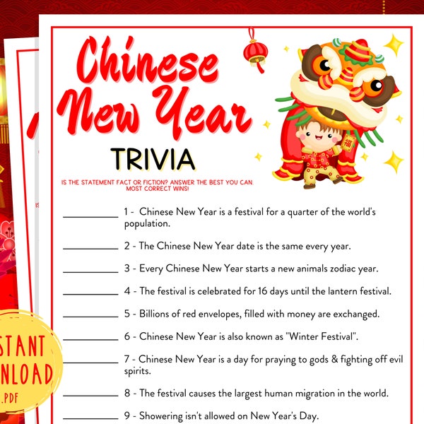 Chinese New Year Trivia Game | Lunar New Year Printable | Party Game | Zodiac Animal | Year of Dragon | for Adults & Kids | Trivia Game