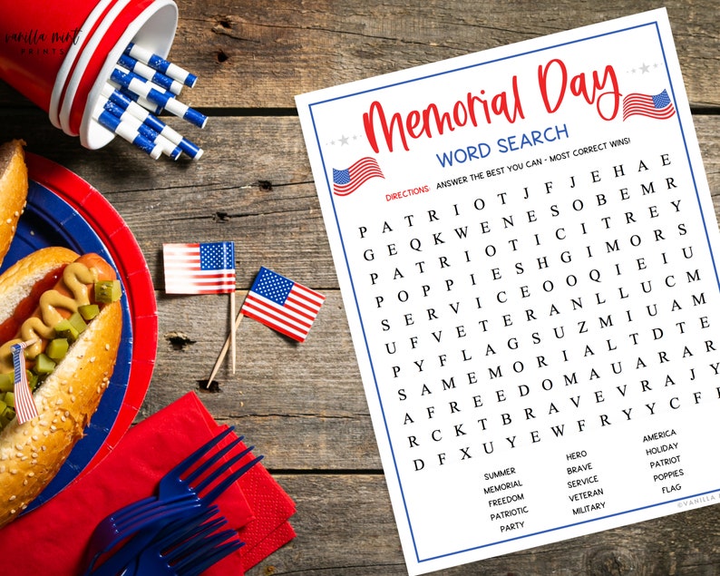 Memorial Day Word Search Game Printable Memorial Day Party Etsy