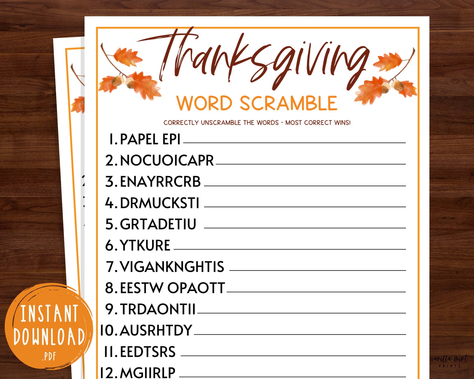 Thanksgiving Word Scramble Game Thanksgiving Printable Games Etsy