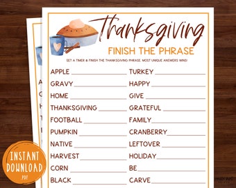 Thanksgiving Finish That Phrase Game | Finish The Phrase Game | Thanksgiving Printable Games | Fun Thanksgiving Day Game | Friendsgiving