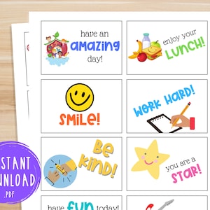 16 Notas de Lonchera para Niños / Mensajes Imprimibles para el Almuerzo / Tarjetas Inspiradoras / Lector Fácil / Jardín de Infantes / 1er Grado / Regreso a Clases
