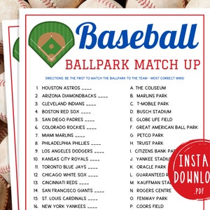 Baseball Ballpark Match Up Trivia Game | Printable Baseball Team Party Game | MLB Game for Kids & Adults | World Series Activity | Birthday