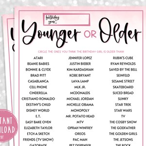 PINK Adult Birthday Party Games | Younger or Older Birthday Party Game | Fun Birthday Games Women | Over the Hill Birthday Game | Is She Old