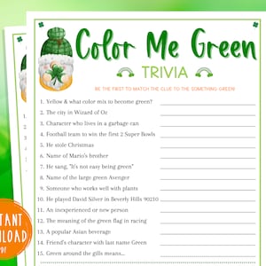 St. Patrick's Day Green Trivia Game Color Me Green Fun St. Pattys Day St. Paddys St. Pats Printable Party Games Kids & Adults image 1