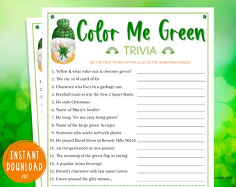 St. Patrick's Day Green Trivia Game | Color Me Green | Fun St. Pattys Day | St. Paddys | St. Pats | Printable Party Games | Kids & Adults