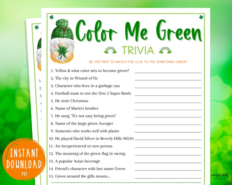 St. Patrick's Day Green Trivia Game Color Me Green Fun St. Pattys Day St. Paddys St. Pats Printable Party Games Kids & Adults image 1