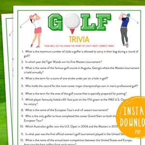 Juego de trivia de golf / Juegos de fiesta del equipo de golf imprimibles / Juegos de torneos de golf Masters para niños y adultos / Actividades de golf / Cumpleaños de golf