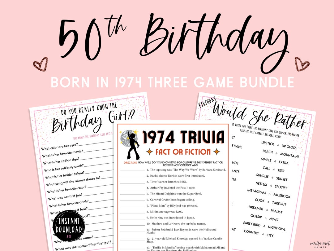 Adult Birthday Party Game Bundle 50th Birthday Born in 1974 3 Game