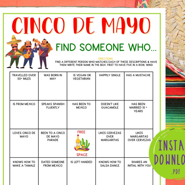 Cinco De Mayo Find Someone Who Party Game | Mexican Party Games | Fun Cinco de Mayo Games | Games for Kids & Adults | Fiesta | Icebreaker