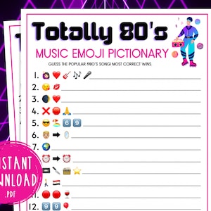 Totally 80&#39;s Music Emoji Pictionary Party Game | Printable 1980s Game | 40th Birthday | Back to the 80s Party Game | Eighties Party | Trivia