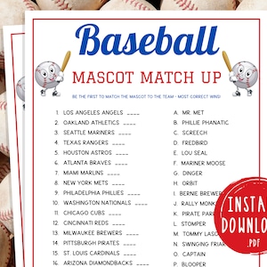 Baseball Mascot Match Up Trivia Game | Printable Baseball Team Party Game | MLB Game for Kids & Adults | World Series Activity | Birthday