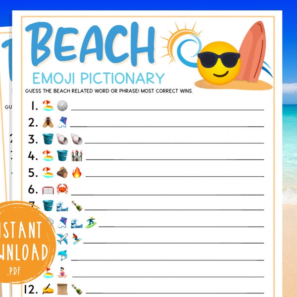 Beach Emoji Pictionary Game | Printable Summertime Games | Fun Beach Vacation Party Games | Summer for Adults & Kids | Ocean | Shore