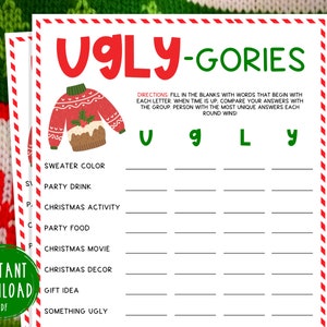 Ugly Sweater Party Ugly-Gories Scattergories Game | Christmas Printable Games | Fun Christmas Party | Holiday | Ugly Christmas Sweater Party