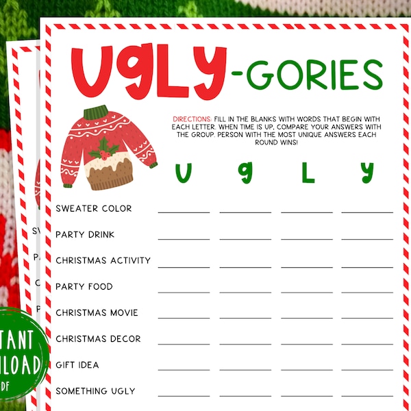 Ugly Sweater Party Ugly-Gories Scattergories Game | Christmas Printable Games | Fun Christmas Party | Holiday | Ugly Christmas Sweater Party