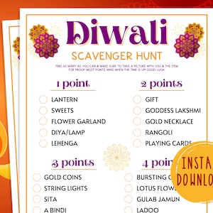 Diwali Scavenger Hunt Game | Printable Festival of Lights Party Games | Activities for Adults & Kids | Fun Diwali Games | Hinduism | Hindu