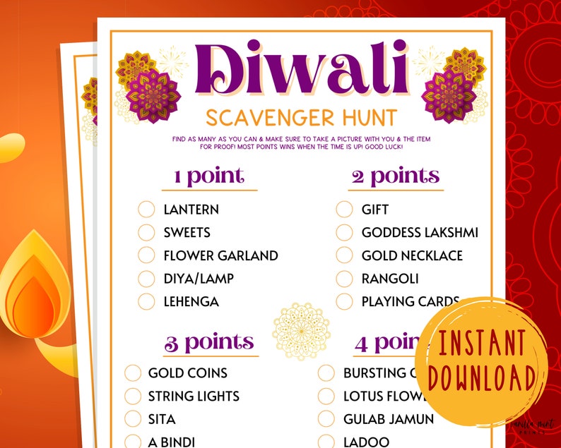 Jeu de chasse au trésor de Diwali Jeux de fête imprimables du Festival des lumières Activités pour adultes et enfants Jeux amusants de Diwali Hindouisme hindou image 1