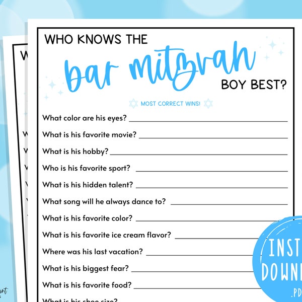 Bar Mitzwa Spiele | Wer kennt den Bar Mitzvah Boy Best | Geburtstagsparty Spiele | Mazel Tov | Jüdische Bar Mitzvah Aktivitäten | Blau & Schwarz