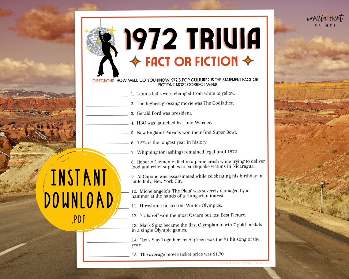 1972 Trivia 70s Pop Culture Trivia Fact or Fiction 50th - Etsy