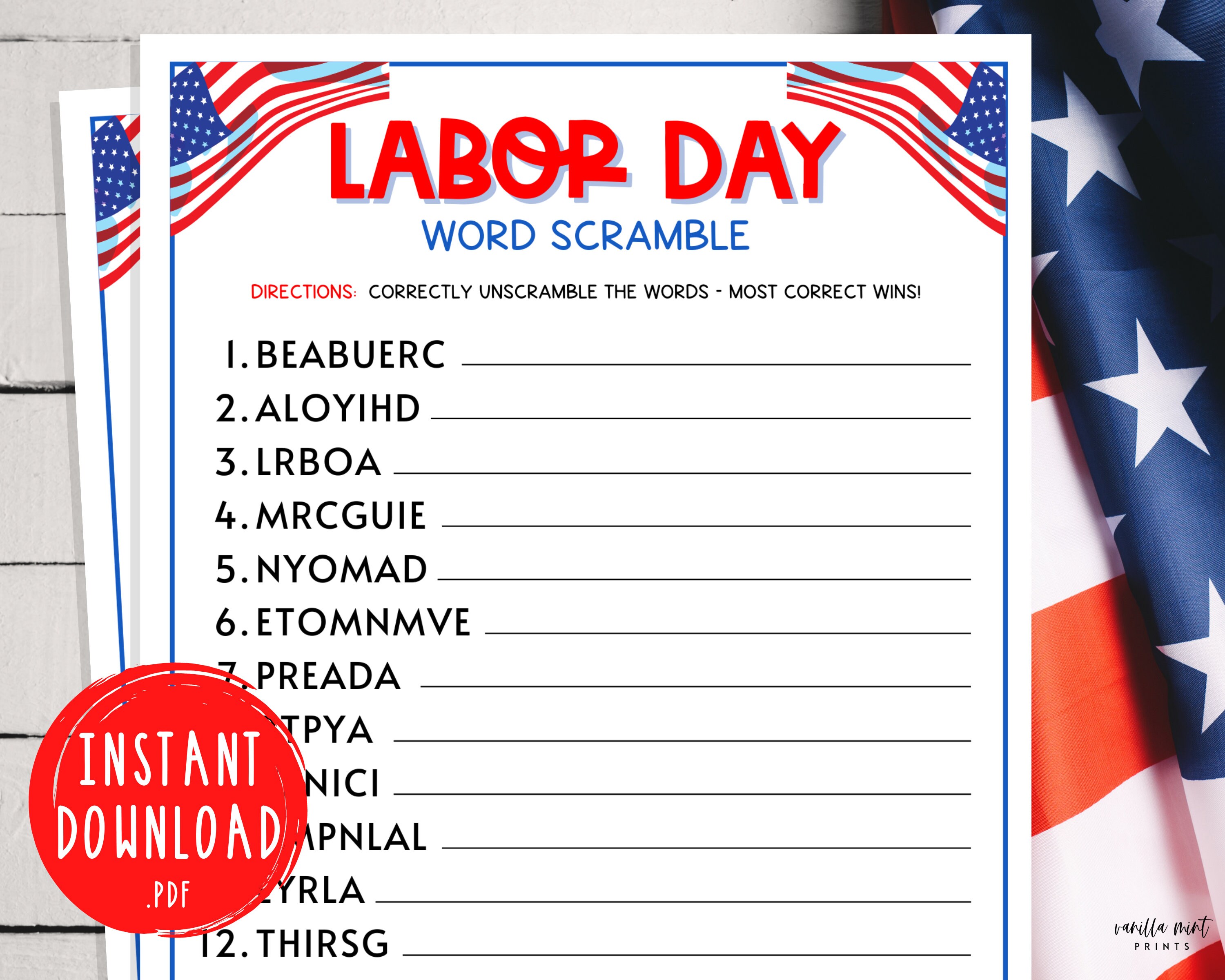 Labor Day Word Scramble Game Labor Day Printable Games Etsy