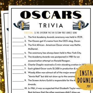 Oscars Trivia Game | 94th Academy Awards Party Games | Oscars 2022 Trivia | Printable Movie Awards Games | Games for Kids and Adults