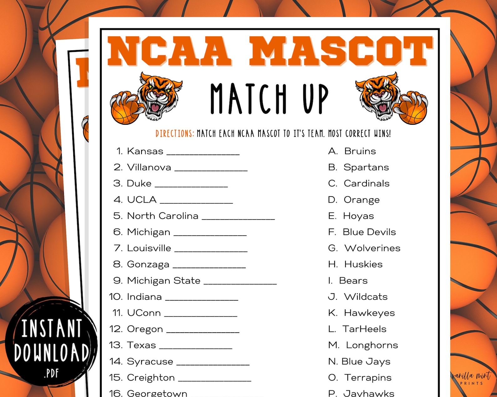 March Madness NCAA Mascot Match Up Game Printable March | Etsy
