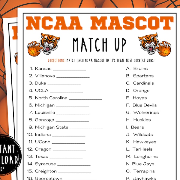 March Madness NCAA Mascot Match Up Game | Printable March Madness Party Games | NCAA Basketball Tournament | Mens College | Boy Birthday