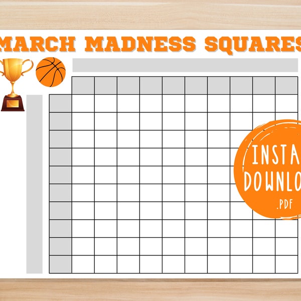 March Madness Game Squares | Printable March Madness Party Games | NCAA Basketball Tournament Pool | Mens College Basketball Bracket Board