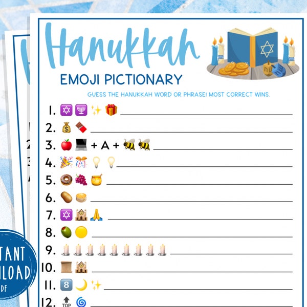 Juegos de fiesta Pictionary Emoji de Hanukkah / Juegos de celebración de Janucá / Actividades del Festival de las Luces / Juegos judíos para adultos y niños / Hebreo