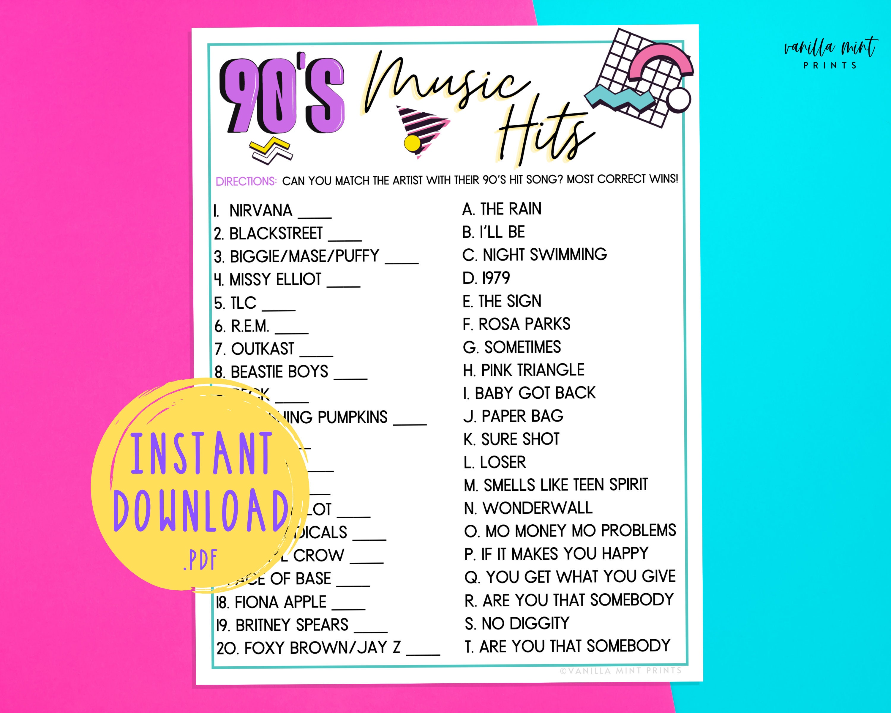 1990's Trivia 90s Music Hit Songs Trivia Music Trivia Etsy