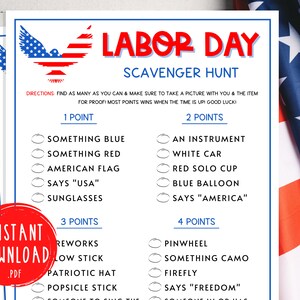 Labor Day Scavenger Hunt Game | Labor Day Printable Games | America Scavenger Hunt Game | USA | Fun Labor Day Games | Patriotic Party Games