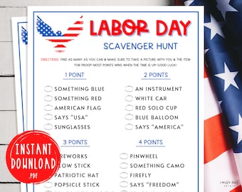 Labor Day Scavenger Hunt Game | Labor Day Printable Games | America Scavenger Hunt Game | USA | Fun Labor Day Games | Patriotic Party Games