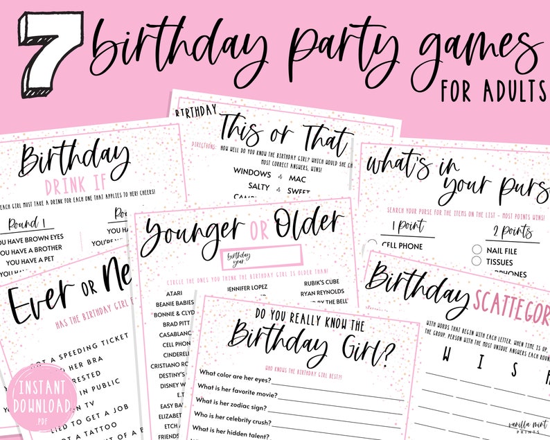 Adult Birthday Party Games BUNDLE 7 Birthday Party Games for Women Fun Birthday Games Over the Hill Birthday Birthday Girl Games image 1