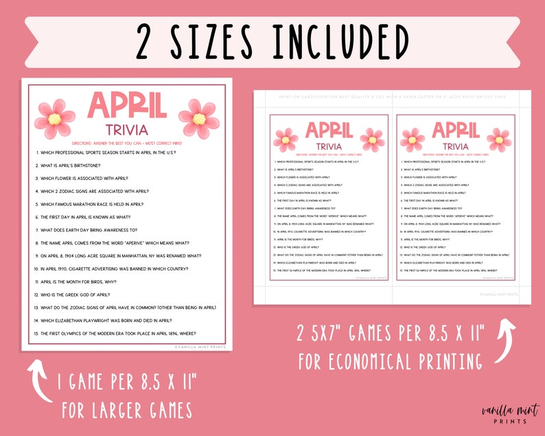 April Trivia Game Printable Month Party Games Springtime - Etsy