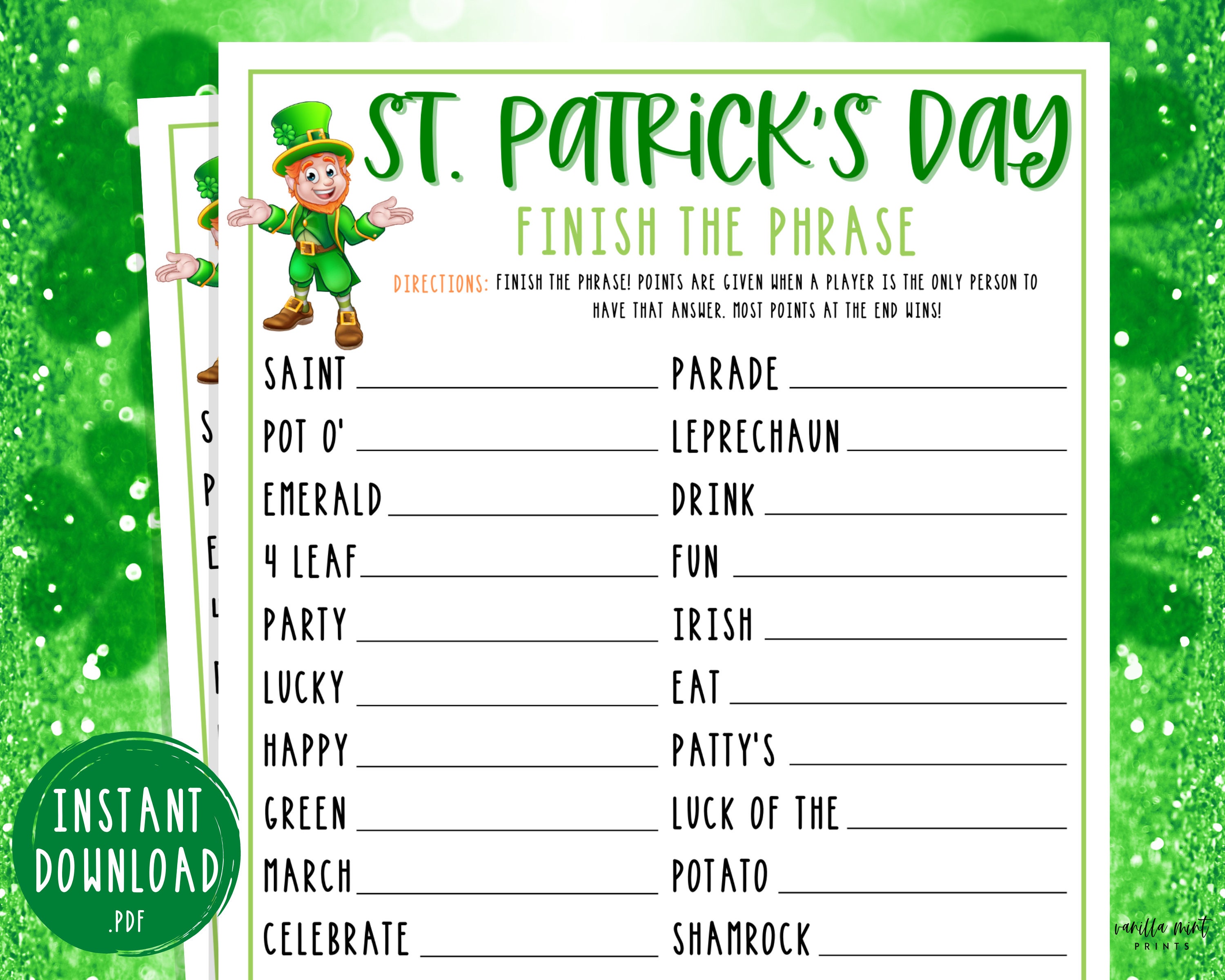 St Patrick s Day Scattergories Game Finish The Phrase Etsy