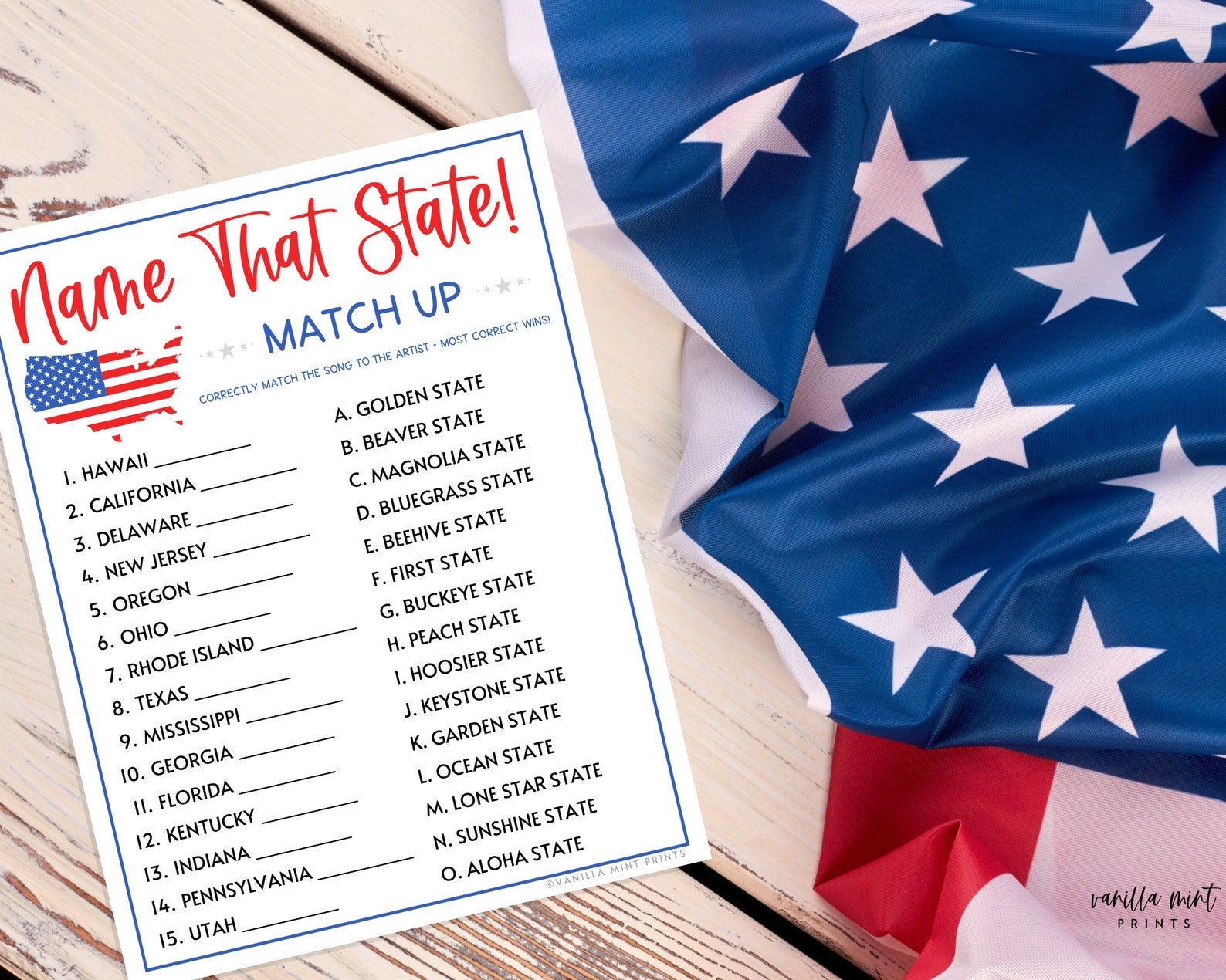 Patriotic Name That State Nickname Match up Game Printable Etsy