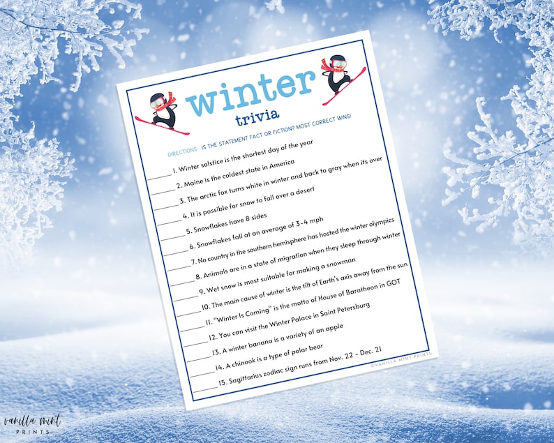 Winter Trivia Game Printable Winter Games Wintertime Etsy