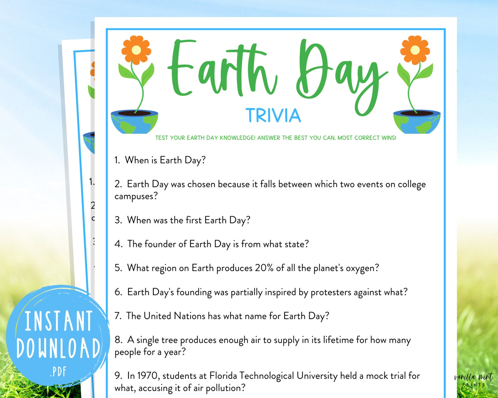 Earth Day Trivia Game Fun Printable Spring Games Etsy