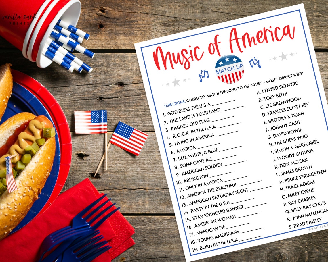 Patriotic Music of America Trivia Match Up Game | Printable Memorial Day Party Games | America | USA | Labor Day | 4th of July | Veteran Day