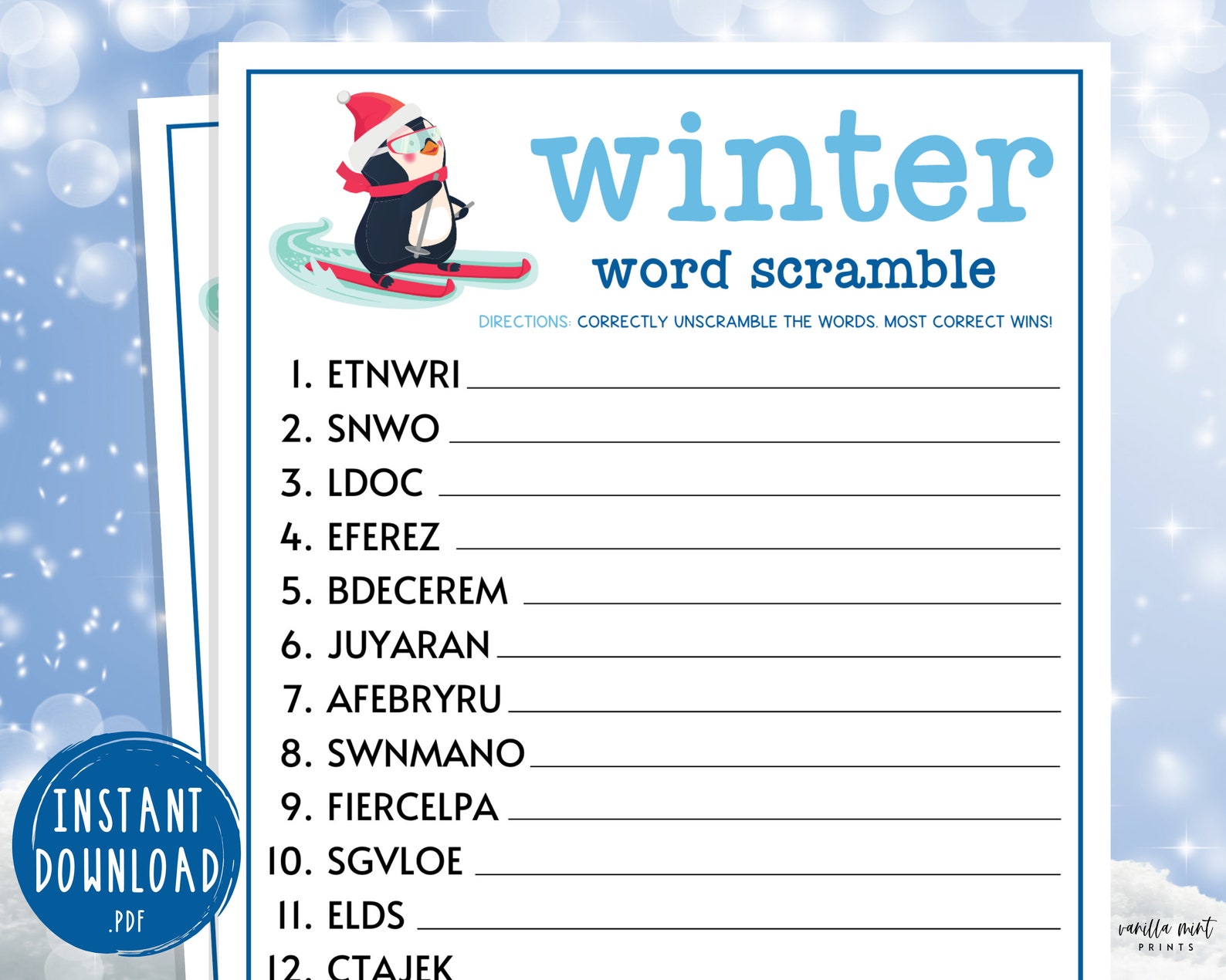 Winter Word Scramble Game Printable Winter Games - Etsy