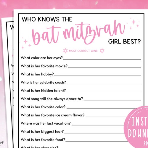 Bat Mitzvah Games Who Knows the Bat Mitzvah Girl Best Etsy