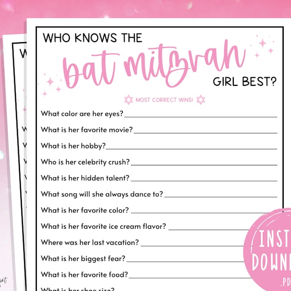 Bat Mitzvah Games | Who Knows the Bat Mitzvah Girl Best | Birthday Party Games | Mazel Tov | Jewish Bat Mitzvah Activities | Pink & Black