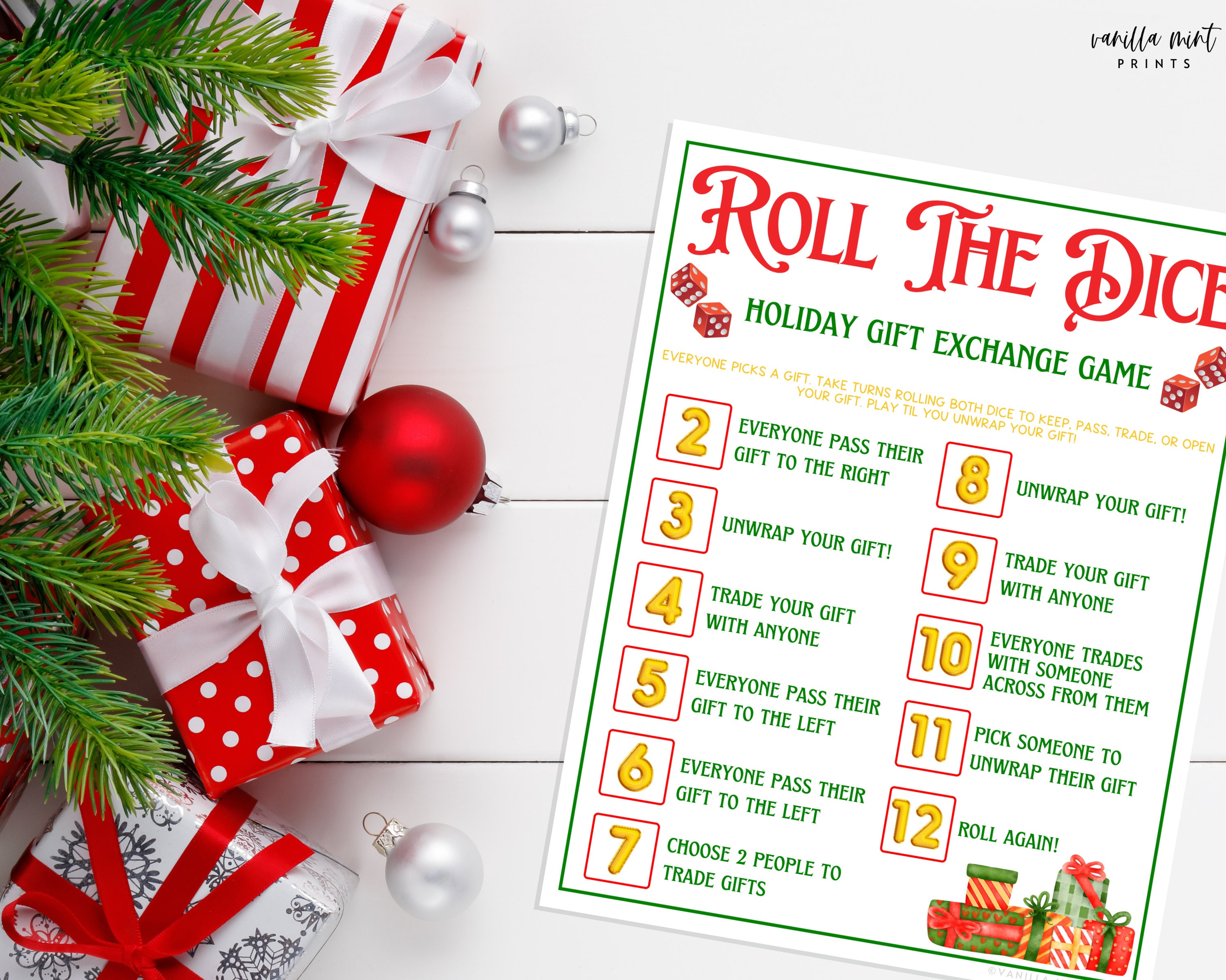 Christmas Dice Game Printable  Roll The Dice Gift Exchange Game – So  Festive!