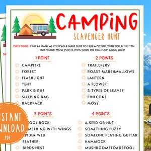 Camping Schnitzeljagd | Druckbare Campground Party Spiele | Treasure Camping Aktivitäten für Erwachsene & Kinder | Fun RV Road Trip | Pfadfinder