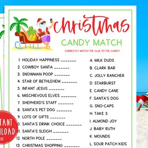 Christmas in July Candy Match Trivia Party Game | Beach Christmas | Printable Tropical Game | Fun Xmas in July Game | Holiday | Kid & Adult
