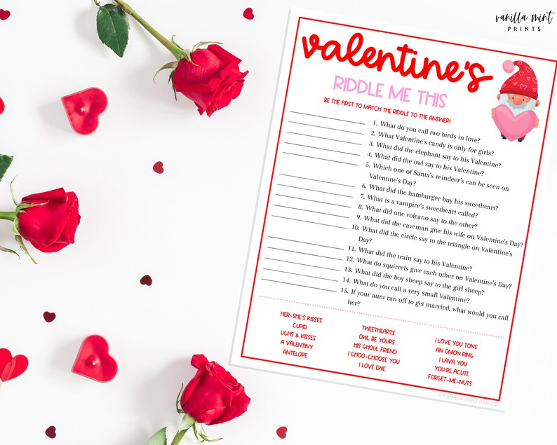 Valentine's Day Riddle Me This Game Valentine Printable Etsy